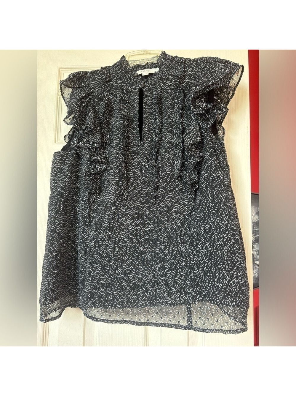 Loft Black and White Swiss Dot Ruffled Sleeveless Top. Keyhole Neck Sz SP